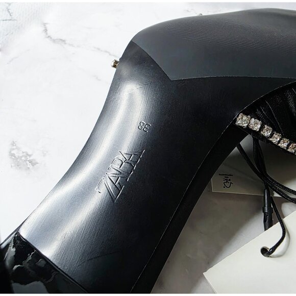Zara Black Rhinestone High Heel Sandals Size 7.5 US 38 Square Toe Slip On New - Picture 10 of 12